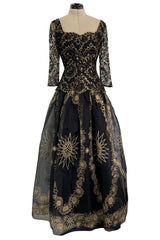 Fall 1995 Zandra Rhodes 'The Fairy Collection' Hand Painted Metallic Gold Lace & Silk Dress