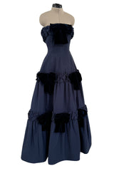 Incredible 1980s Hubert de Givenchy Haute Couture Strapless Blue Matte Silk Dress w Velvet Bow Detailing