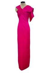 2000s Valentino Roma Brillaint & Vibrant Pink Silk One Shoulder Dress w Draped Front Panels