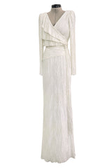 Stunning 1970s-80s Mary McFadden Couture White Pleated Dress w Attached Braided Belt