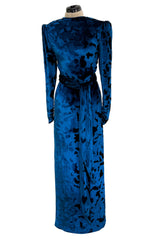 Fabulous Fall 1986 Bill Blass Runway Brilliant Blue Silk Velvet Dress w Open Cut Out Back