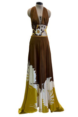 Phenomenal Spring 2005 Original Valentino Runway Look 56 Brown Yellow Floral Print Halter Dress w Sequin Waist Band
