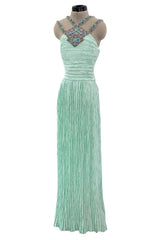 Incredible 1980s Mary McFadden Couture Pastel Teal Green Pleated Dress w Hand Beading