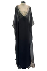 V Neck & Back 1990s Nina Ricci Black Silk Chiffon Caftan Dress w Sequin Bead & Rhinestone Detailing