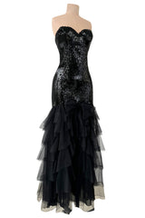 Incredible 1976-1978 Loris Azzaro Strapless Glossy Black Sequin Dress wLayered Net Tulle Skirt