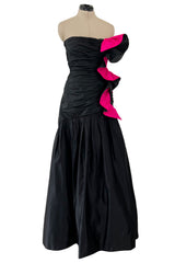 Fall 1982 Arnold Scaasi Couture Runway Black Silk Strapless Dress w Pink Ruffle