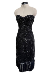 Fall 1992 Emanuel Ungaro Strapless Sequin SIlk & Lace Black Dress w Fringed & Beaded Hem