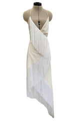 Recent Givenchy Ivory Crepe Silk Wrapped Angled Hem Dress w Cascading White Fringe