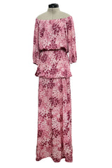 Gorgeous Spring 1976 Yves Saint Laurent Runway Pink Floral Silk Jersey Off Shoulder Dress