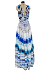 Resort 2010 Alexander McQueen Silk Chiffon Blue Print Dress w Plunging Front & Open Back