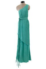 Amazing 1980s Mary McFadden One Shoulder Pleated Two Piece Set Dress w Braided Belt