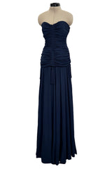 Fall 1985 Yves Saint Laurent Runway & Ad Campaign Blue Silk Jersey Tasselled Corset & Skirt Set