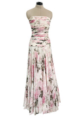 Prettiest 1970s Lanvin Couture Pastel Floral Print Strapless Silk Chiffon Dress w Balloon Sleeve Jacket