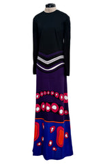 Fantastic Spring 1970 Louis Feraud Easy-to-Wear Printed Purple & Pink on Black Jersey Dress