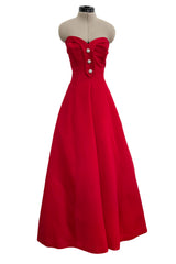 Prettiest 1980s Victor Costa Clear Red Strapless Dress w Full Skirt & Underskirts & Large Rhinestone Dome Buttons
