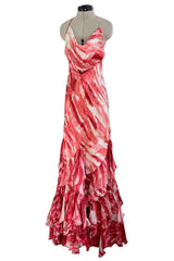 Fantastic Spring 2005 Roberto Cavalli Coral Runway Print Dress w Phenomenal Ruffled Skirt