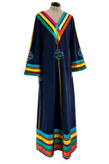 Colourful 1960s Josefa Deep Blue Cotton Caftan Dress w Multi Coloured Ribbns & Hand Embroidery