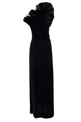 Fabulous 1980s Bill Blass One Shoulder Black Crepe Dress w High Taffeta Ruffle Detail