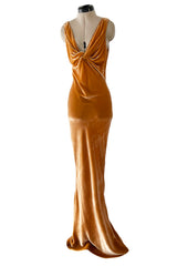 Magical Fall 2005 John Galliano Deep Golden Coloured Bias Cut Velvet Dress w Front Knot Detail
