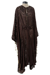 Rare 1960s Thea Porter Couture Brown Silk Open Caftan w Belt & Gold Tassles