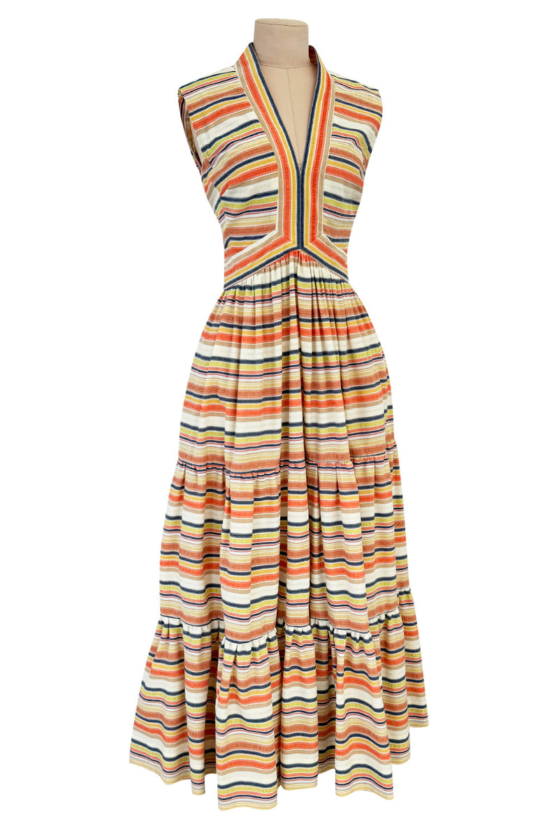 Prettiest 1970s Victor Costa Striped Waffle Weave Cotton Dress w Citrus Coloured Stripes & Full Skirt