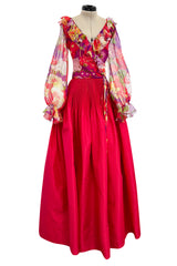1972 Yves Saint Laurent Red Floral Silk Chiffon & Red Silk Dress w Balloon Sleeves & Pleat Detailing