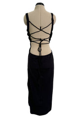 Amazing 1990s Gianni Versace Black Stretch Jersey Dress w Completely Open Lace up Back & Side Slit