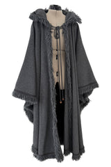 Phenomenal Fall 1977 Yves Saint Laurent Runway Deep Charcoal Grey Fringed Cape w Hood