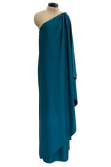 Prettiest 1978 Halston Dark Teal Jersey One Shoulder Draped Full Length Maxi Dress