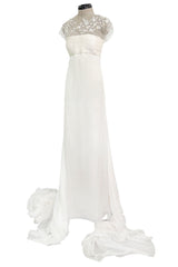 Vintage Valentino White Silk Wedding Dress w Elaborate Trains, Pleating & Extensive Beading Detail