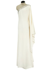Beautiful 2000s Emilio Pucci Ivory Silk One Shoulder Caftan Dress w Gold & White Beaded Detail