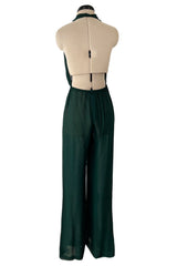 Incredible circa 1973 Halston Couture Green Silk Chiffon Backless & Plunging FrontJumpsuit
