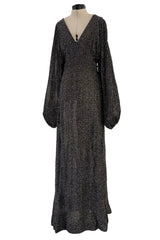 Fabulous 1970s Ossie Clark Metallic Silver & Black Lurex Knit Lame Plunge Dress