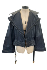 Fall 1982 Gianfranco Ferre Runway Black Blue Wrap Leather Jacket w Wide Sleeves & Huge Collar