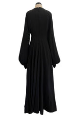 Exceptional 1970s George Stavropoulos Couture Black Silk & Bias Cut Dress w Balloon Sleeves & Flowing Skirt