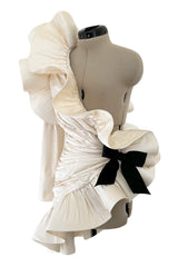 Rare 1980s Pierre Cardin Haute Couture Ivory Silk One Sleeve Ruffle Top w Black Silk Bow