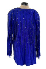 Rare 1980s Jan Faulkner Hand Made Blue Suede Mini Dress & Matching Belt