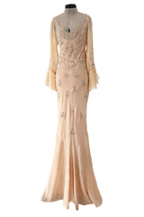 2000s Christian Dior by John Galliano Peach Silk Chiffon & Silver Beaded Bias Cut Dress