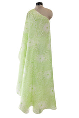 Dreamy Spring 1974 Lanvin by Jules-Francois Crahay Pale Green Floral Print One Shoulder Dress