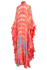Hanae Mori Couture Fall 1973 Runway Pastel Coral Bird Print Silk Chiffon Ruffled Caftan Dress