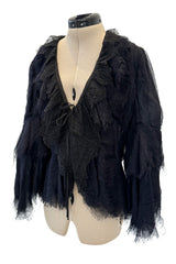Pretty 2000s Christian Lacroix Bazar Black Silk Chiffon Top or Light Jacket w Lace Finishes