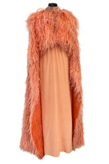 Documented 1960s Tiziani Couture by Karl Lagerfeld Peach Silk Plunge Dress w Matching Feather Cape