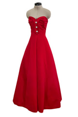 Prettiest 1980s Victor Costa Clear Red Strapless Dress w Full Skirt & Underskirts & Large Rhinestone Dome Buttons