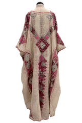 Unlabeled Vintage Full Open Caftan Dress w Pink & Metallic Thread Hand Done Embroidery