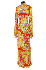 Gorgeous 1960s Emilio Pucci Brilliant Citrus Coloured Silk Jersey Dress w Huge Floral Print