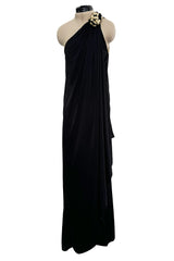 1981 Bill Tice Black One Shoulder Jersey Dress w Gold Lame Flower Detailing
