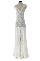 Romantic 1930s Unlabeled Intricate White Lace Unlined Dress w Flared Full Lower Skirting