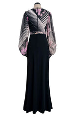 Prettiest 1970s Leonard Paris Printed Silk & Black Jersey Dress w Plunge Front & Silk Chiffon Sleeves