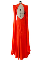 Striking Resort 2019 Alex Perry "Abigail" Brilliant Orange Full Length Capes Sleeve Dress w Open Back