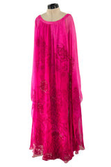 Dreamy 1970s Hanae Mori Pink Layered Bias Cut Silk Chiffon Caftan Dress w Floral Print